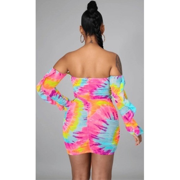 Bodycon Tie Dye Off Shoulder Mini Dress Size L Rainbow Mardi Gras - Picture 11 of 16